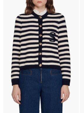 Sandro Sailor Striped Breton Wool Letterman Cardigan Sweater w/ Removable Collar